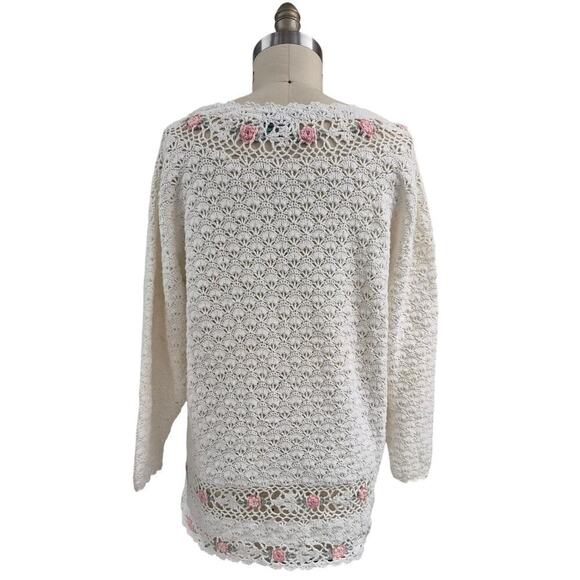 Shenanigans Hand Knit  Cotton Scallop Stitch Rosette Sweater 3D L Cottage Core - Picture 4 of 5